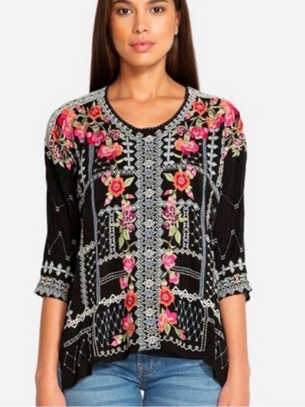 Johnny Was Black Blouse with Pink Floral Embroidery